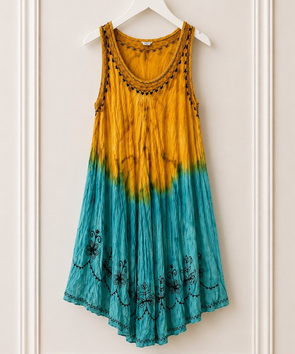 India Boutique Dress ONE SIZE Boho Tie Dye Flowy Embroidery 100% Rayon Midi Knee